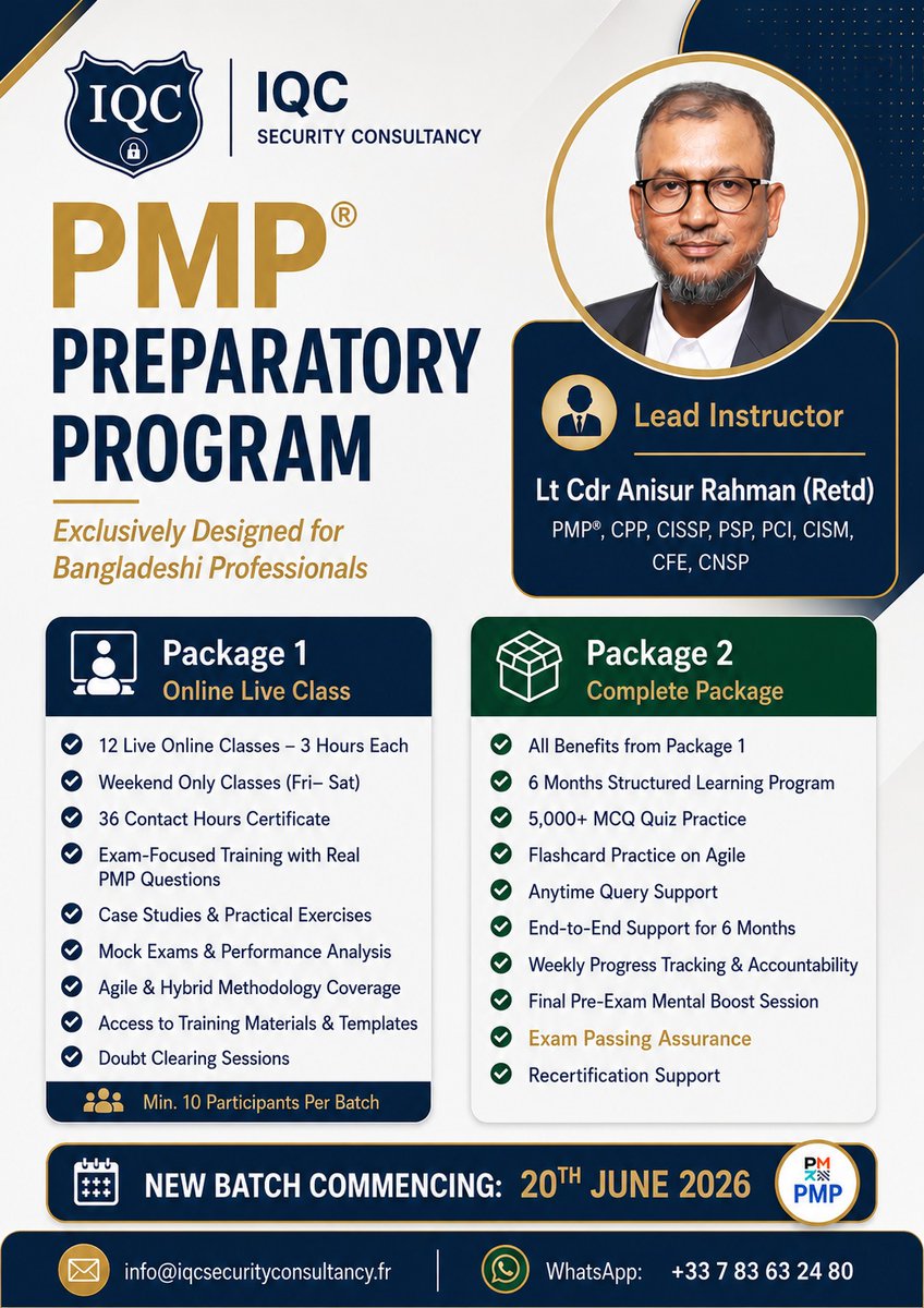 IQCSecurity's tweet photo. Join the PMP® Preparatory Program by IQC Security Consultancy and learn from the best in the industry.

📅 New Batch Starts: 20th June 2026
Register Now: Contact us via WhatsApp at +33 7 83 63 24 80 or email info@iqcsecurityconsultancy.fr

#PMP #IQC #ProjectManagement https://t.co/82RFu71BBt