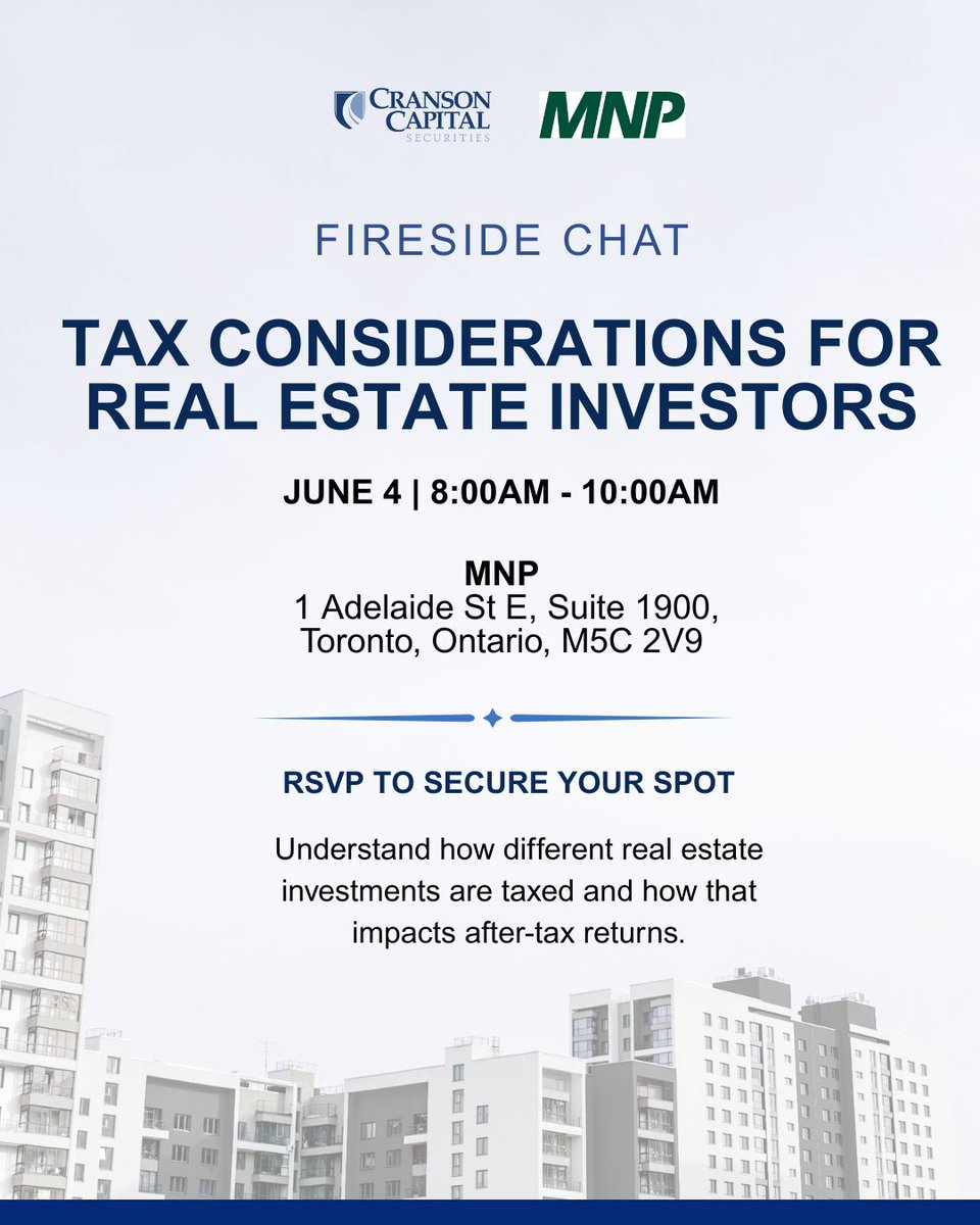 CransonCapital's tweet photo. Real estate investments can produce very different after-tax outcomes depending on structure.

LPs, MICs, REITs, and direct ownership are each taxed differently under Canadian tax law.

Learn more June 4 with MNP.
RSVP: https://t.co/8Sa24hdueg https://t.co/VPZfIEurIx