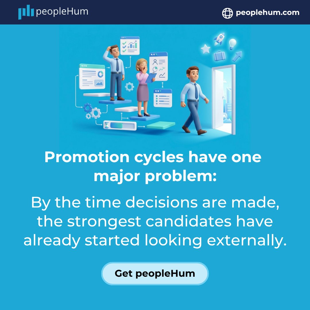 PeopleHum's tweet photo. Promotion cycles are slow enough to create their own attrition.
If decisions drag, top talent assumes “not happening” starts interviewing.
👉Shorten the cycle with clearer criteria, faster calibration and visible growth signals
#InternalMobility #Retention #HRTech #VACHSS_LIVE https://t.co/5H4CwJMaL4
