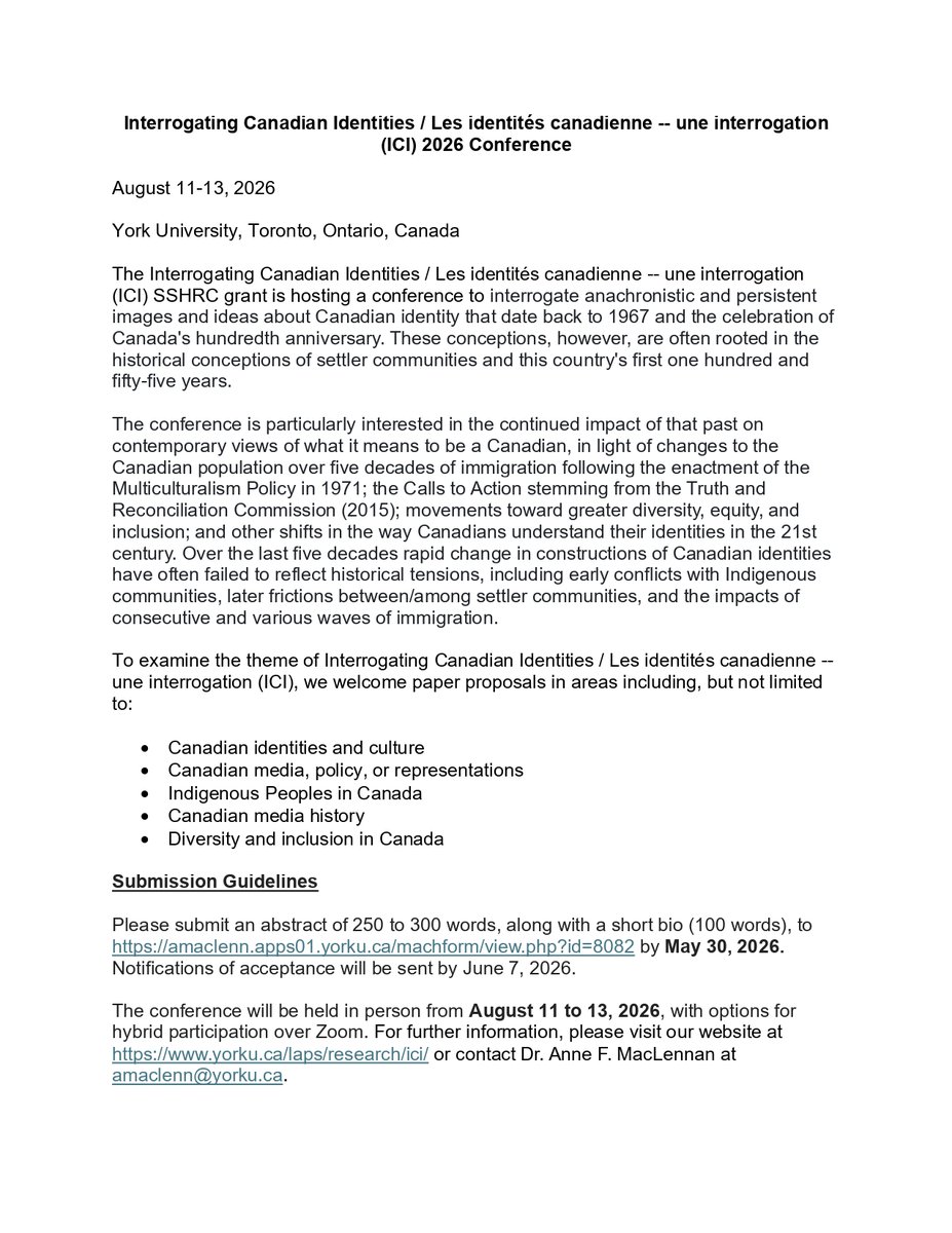 NTranscanadian's tweet photo. 👀📅📌New #CfP the SSHRC grant is hosting the conference "Interrogating Canadian Identities/Les identités canadienne - une interrogation (ICI)" it wll take place at @YorkUniversity from August 11-13
Deadline for submission May 30
More information down below⬇️⬇️ https://t.co/fvVXcPacyb