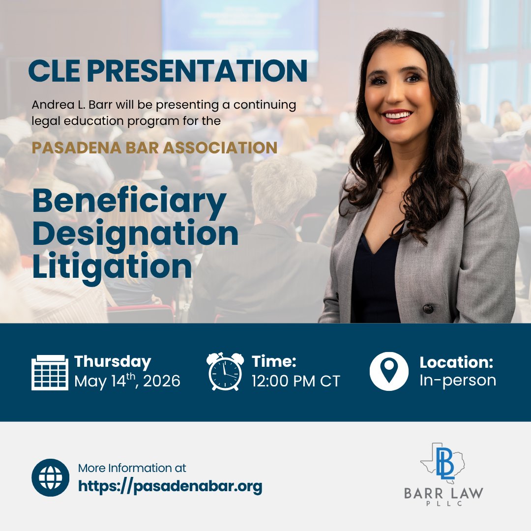 txbarrlaw's tweet photo. Andrea L. Barr will present a CLE Today for the Pasadena Bar Association on Beneficiary Designation Litigation at noon, in person.

#CLE #ProbateLitigation #BarrLaw https://t.co/vpCa0qadIv