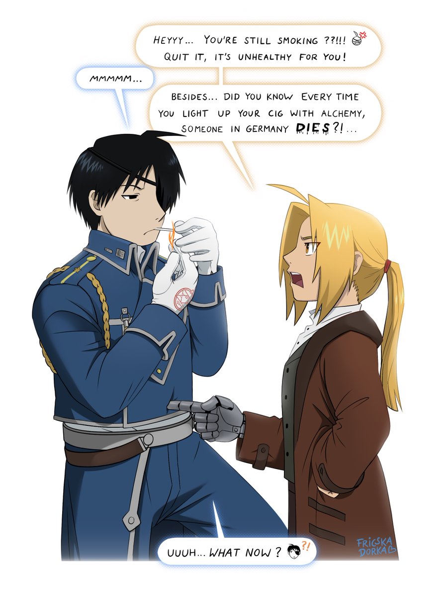 DFricska's tweet photo. A little conversation (Roy's very existence is affecting the whole world but he isn't even surprised anymore) 
#FMA #FullmetalAlchemist #fanart https://t.co/uDYvsjKtqK