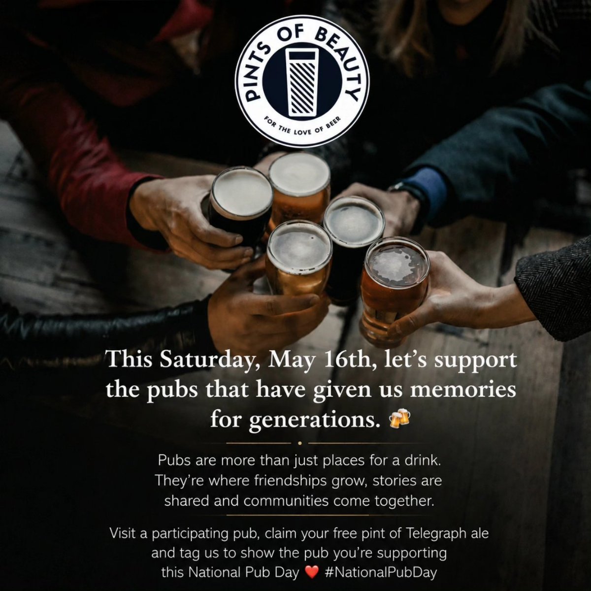 PintsBeauty's tweet photo. This Saturday, raise a glass to the pubs that have always been there for us 🍻

Visit participating pubs, claim your free pint of Telegraph ale and support British pubs this National Pub Day.

Follow the link below for your free pint: https://t.co/wES0eqsAuQ 

#NationalPubDay https://t.co/S9qBQlXWSf