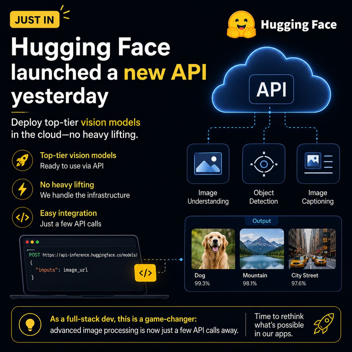 sonugpc's tweet photo. Just in: Hugging Face launched a new API yesterday that lets developers deploy top-tier vision models in the cloud—no heavy lifting. As a full-stack dev, this is a game-changer: advanced image processing is now just a few API calls away. Time to rethink what’s possible in our apps.