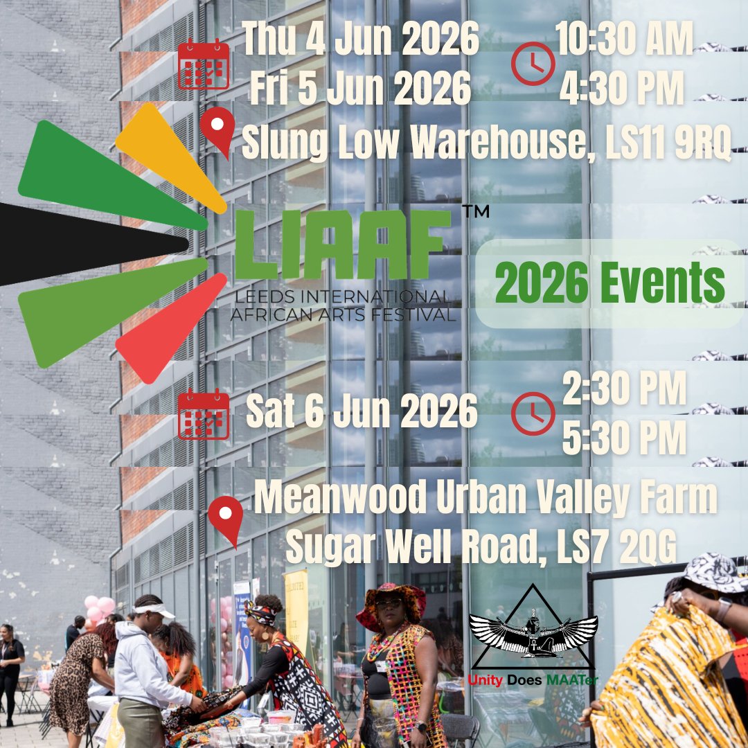 UnityDoesMAATer's tweet photo. 📷 Join Us for the LIAAF 2026 | 4th – 6th May 2026 | Slung Low | Meanwood Urban Valley Farm Learn more https://t.co/MfKp3zOOY7
#LIAAF #UnityDoesMaater #CelebrateAfrica #LeedsEvent #Photography #Leeds #LIAAF2026 #CulturalFestival #AfricanMarket #MarketsInLeeds #AfrikanMarket https://t.co/kgx6alBAGH