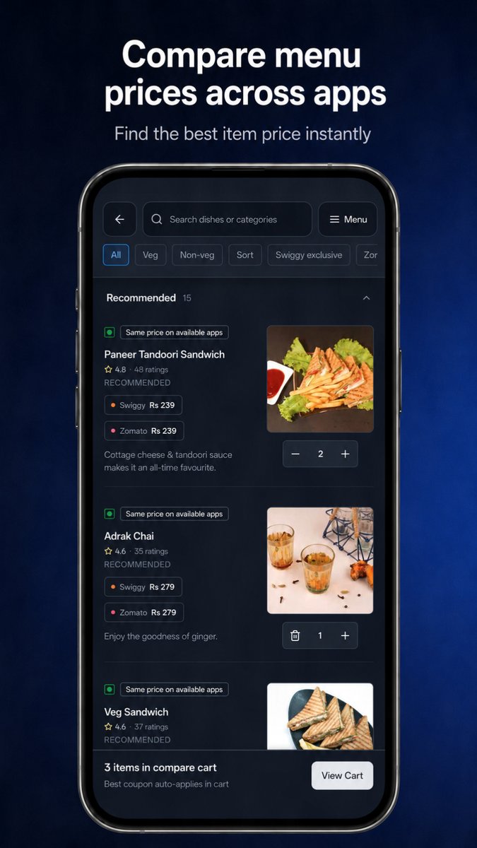 AkshatKejriwal's tweet photo. Swiggy, Zomato &amp; Toing comparisons are here!

Comparify now shows final cart prices across Swiggy, Zomato &amp; Toing - including best coupons, delivery fees, taxes, platform fees and other charges.

You can also transfer your cart to cheapest app in one tap.
 https://t.co/RYe0DEdY1S https://t.co/uqEP1bpt7C