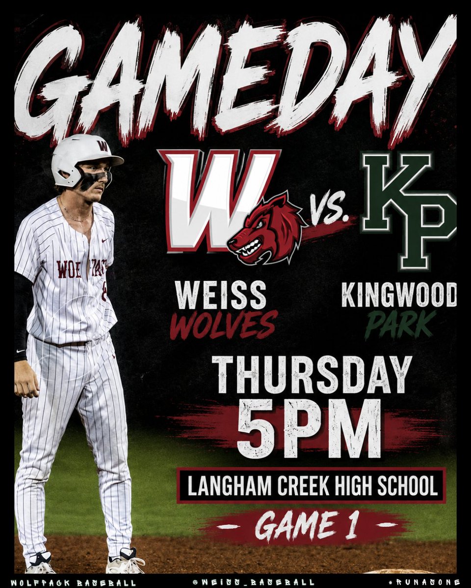 Weiss_Baseball's tweet photo. It's GAME DAY for the Wolves‼️‼️

🏟️ Langham Creek High School 
 📍Kingwood Park vs Weiss 
📅Thursday, May 14th  
⏰5:00pm 

#RUNASONE
#Round3 https://t.co/V3h1Qiv4L5