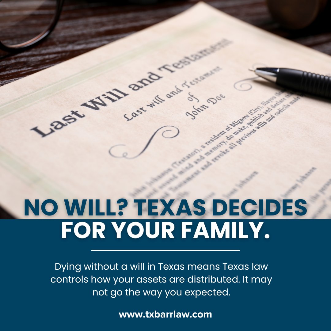 txbarrlaw's tweet photo. No will in Texas? The state decides who gets what, and it may not match your wishes. Probate without a will is complicated. Get help. 📋 https://t.co/rlrtQ6EYC7

#TexasProbate #IntestateSuccession #ProbateLaw #HoustonLawyer https://t.co/w4MECiOrwV