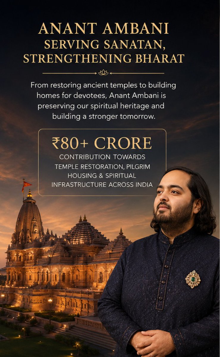 das301236's tweet photo. #Anant2026Dharma  Anant Ambani is pioneering the enhancement of spiritual spaces, driving temple development and pilgrim assistance, fostering deeper ties to cultural roots and spiritual growth across communities. https://t.co/jZgVxXR8ac