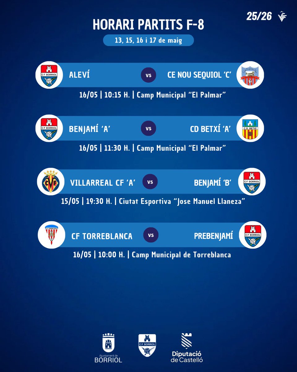 CF_Borriol's tweet photo. ➡️ 𝗛𝗢𝗥𝗔𝗥𝗜𝗦.

📝 Anota els horaris dels partits dels nostres equips aquesta setmana!

🤗 Us esperem!

#CFBorriol https://t.co/x3X3Kc56Xj