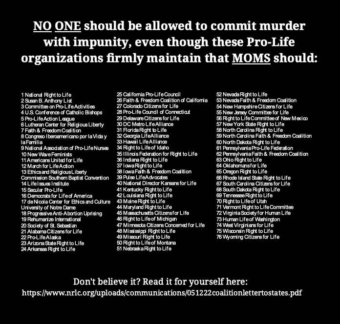RolleyHaggard's tweet photo. No one should be allowed to commit murder with impunity, even though these Pro-Life organizations firmly maintain that moms should. https://t.co/PqElgXfjUo