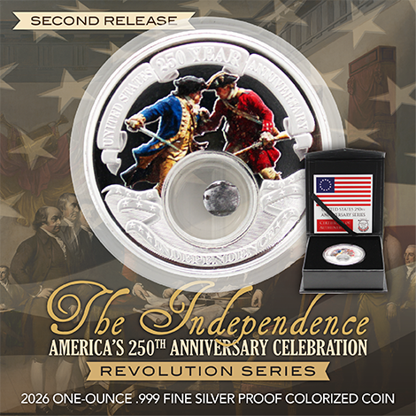 TheCoinVault's tweet photo. Get the SECOND release in the 2026 Revolution Series honoring America's 250th Anniversary Celebration! The 1oz silver colorized coin focuses on 'The Independence' and features a piece of a musket ball from the Revolutionary War! SHOP before they're gone! https://t.co/5kh9Rq1qL6 https://t.co/XCliWMFEiA