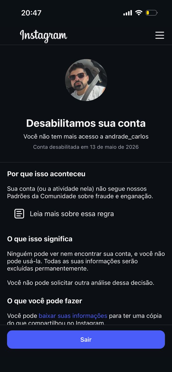ccarles_'s tweet photo. Gente, o @instagram desabilitou minha conta sem nenhum tipo de aviso prévio e não consigo contato com eles. SOCORROOO https://t.co/KK0J79rRxP