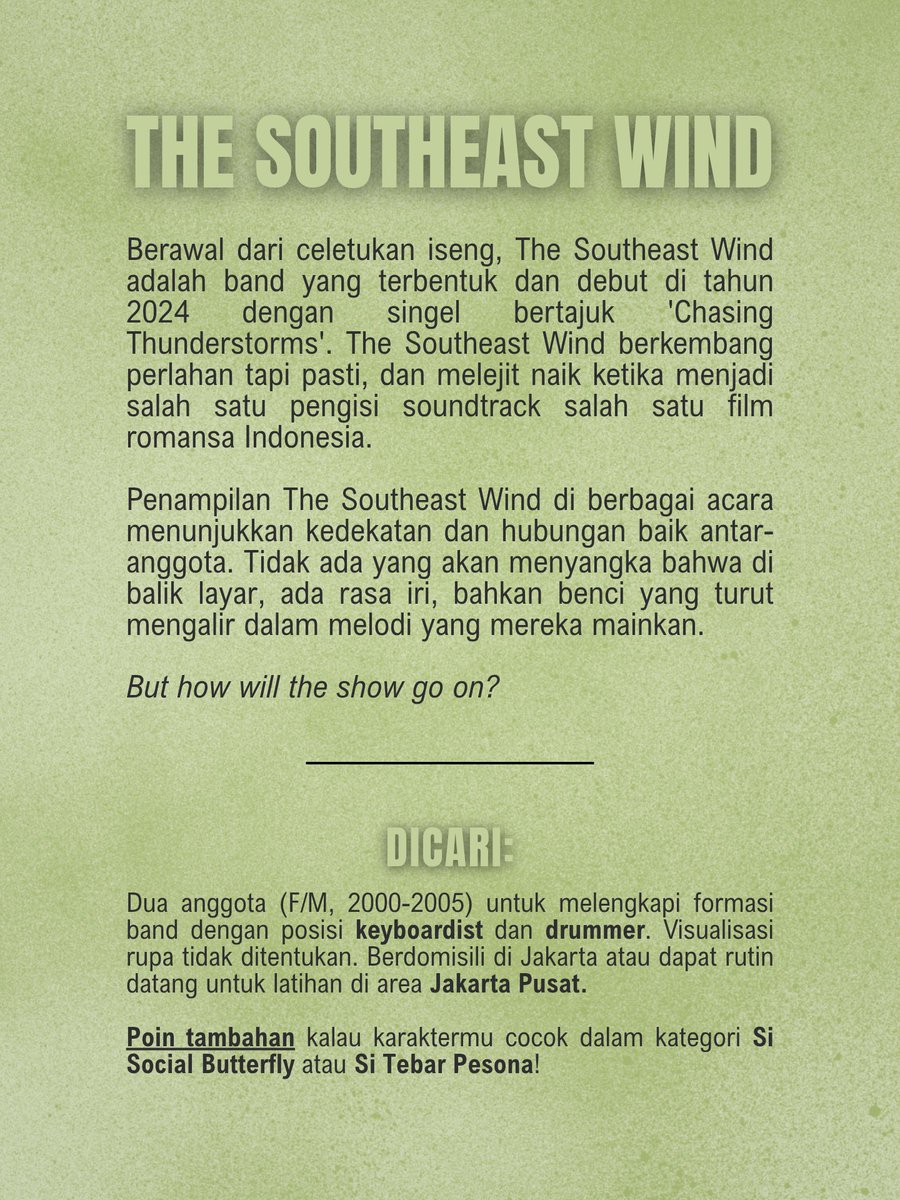 icarrionne's tweet photo. [RTs appreciated!]

Kami mencari anggota untuk mengisi kekosongan dalam band kami (IC only). Posisi tersedia tertera pada gambar tersemat, asalkan komunikatif untuk diskusi kami senang hati menerima. Boleh langsung tinggalkan jejak jika tertarik atau ingin tanya-tanya dulu. 🌟 https://t.co/t03XiLFCyW