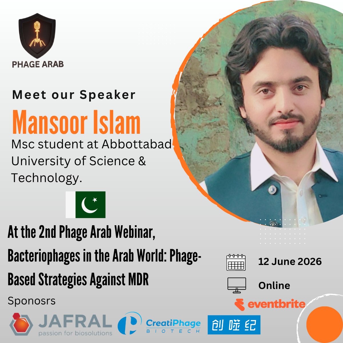 PhageArab's tweet photo. Meet our speaker: Mansoor Islam
Student at MSc in AUST &amp; Phage Arab Member
📍 Pakistan

#Phagearab #Webinars #Bacteriophage #Research #Phagetherapy https://t.co/H0tEa6MJWi