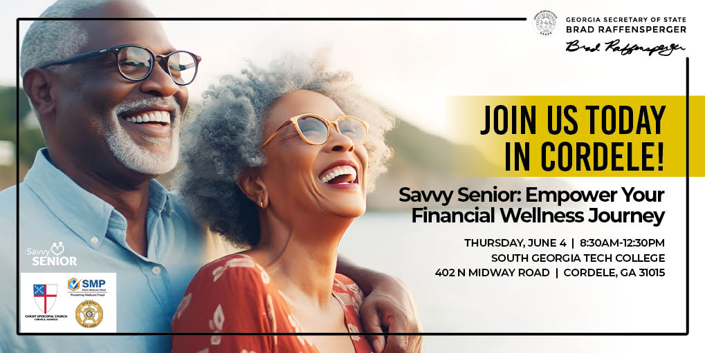 GaSecofState's tweet photo. Join our free financial wellness and fraud awareness event today in Cordele, GA for seniors, families, and caregivers. Walk ins welcome. https://t.co/j9KQ0YMt2f https://t.co/Y0qSBXvvdc
