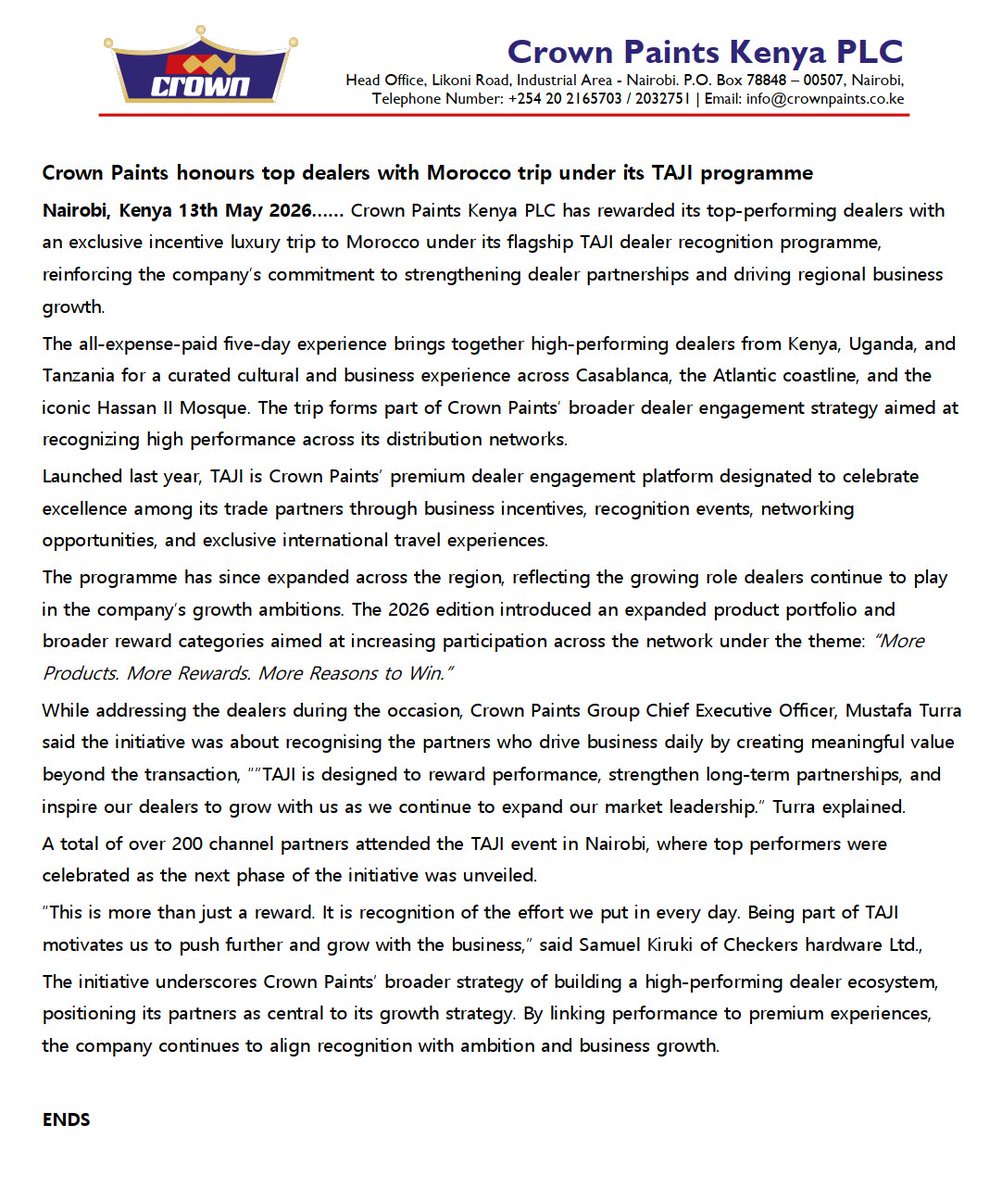 MwangoCapital's tweet photo. Crown Paints Kenya has rewarded its top-performing dealers with a five-day luxury trip to Morocco as part of its TAJI recognition programme.

The initiative, now expanded across Kenya, Uganda & Tanzania, is part of the company’s broader push to strengthen dealer partnerships, reward sales performance & support regional growth.