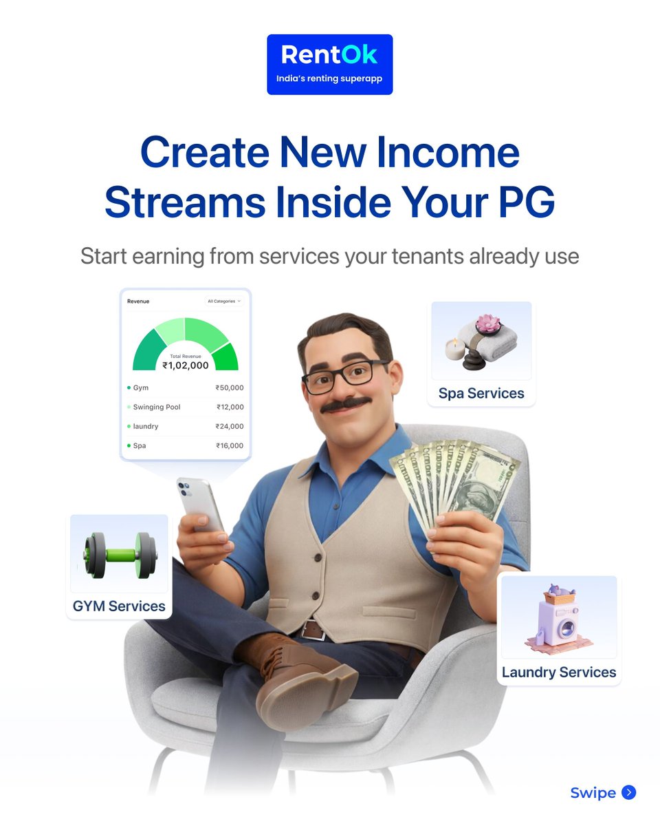 rentokofficial's tweet photo. Want to make more from your PG without the extra headache? 💸

Start earning from the services your tenants are already using - like gym, laundry, or even spa services!

With RentOk, you create the package, they book on their phone, and you watch the profit grow. 

Try it out 🚀 https://t.co/fGFQNZt5mm