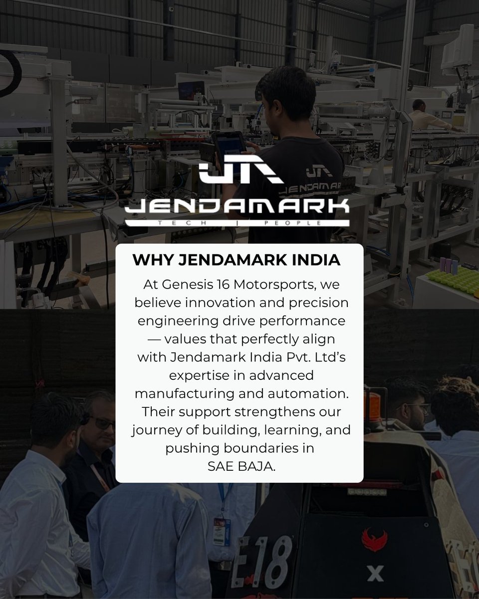 genesis_16_M's tweet photo. New season, new sparks !⚡🏁
Genesis 16 Motorsports is thrilled to welcome Jendamark India as Title Sponsor for #eBAJA2027. Together, we’re driving innovation and engineering excellence to new heights. Huge thanks to the Jendamark team for the support 💯
#Jendamark #SAEBAJA https://t.co/Z25FxLypdi