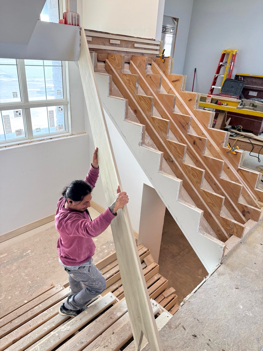 DukeHomes's tweet photo. A behind-the-scenes look at the staircase taking shape in this custom home project near Bargersville. Thoughtful design details and quality craftsmanship are coming together to create a timeless feature built to last for generations. https://t.co/DsiEhV92uR