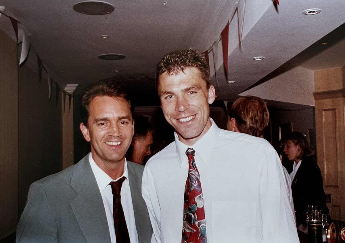 KeithP53's tweet photo. @Official_STFC Shaun Taylor and a shot taken of his winning goal v Bristol Rovers in the 95/6 promotion season. Duly autographed of course and enjoying the season end party with him. And a more recent pic at an STFC event, looking well and on form with the mic. Top man. https://t.co/Bq0P08UdsP
