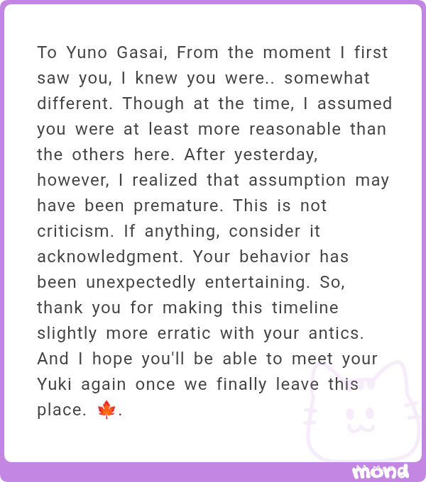 bniscuits's tweet photo. Untuk Yuno Gasai katanya you're somewhat different.

Buat masters lagi, terima kasih kembali SK!

Eiden dan Wanderer dapet cerpen dari SK 😭 https://t.co/j7yBOFpOcb