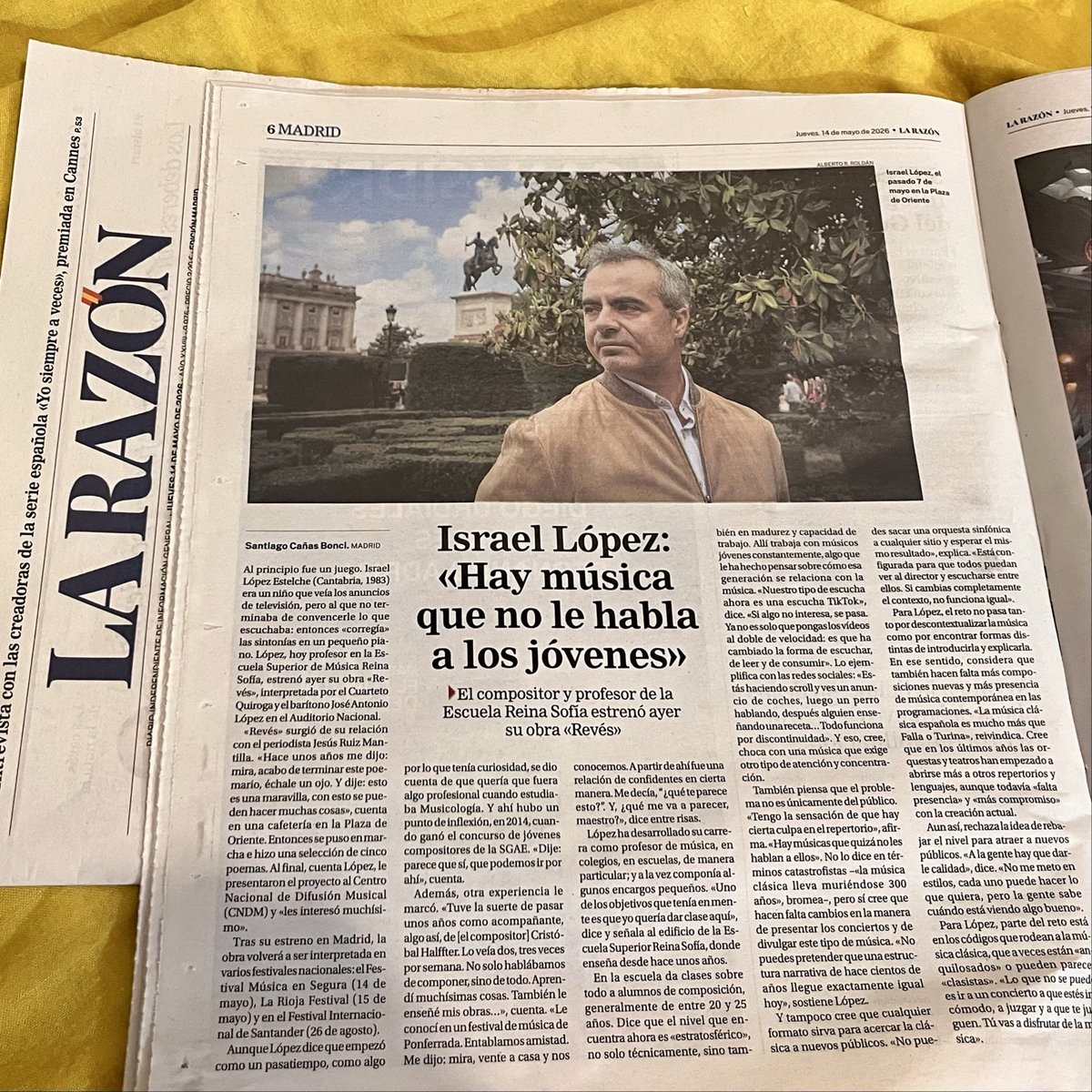 LJClassicalPR's tweet photo. Interview: El compositor #IsraelLópezEstelche, que ayer estrenó "Revés" en el CNDM (hoy y mañana volverá a sonar en "Música en Segura y "La Rioja Festival"), conversa con #SantiagoCañasBonci en el periódico LA RAZÓN 

🗞️Read the full interview here⤵️

https://t.co/rE6rgGO4wD https://t.co/gsOjvznRFI