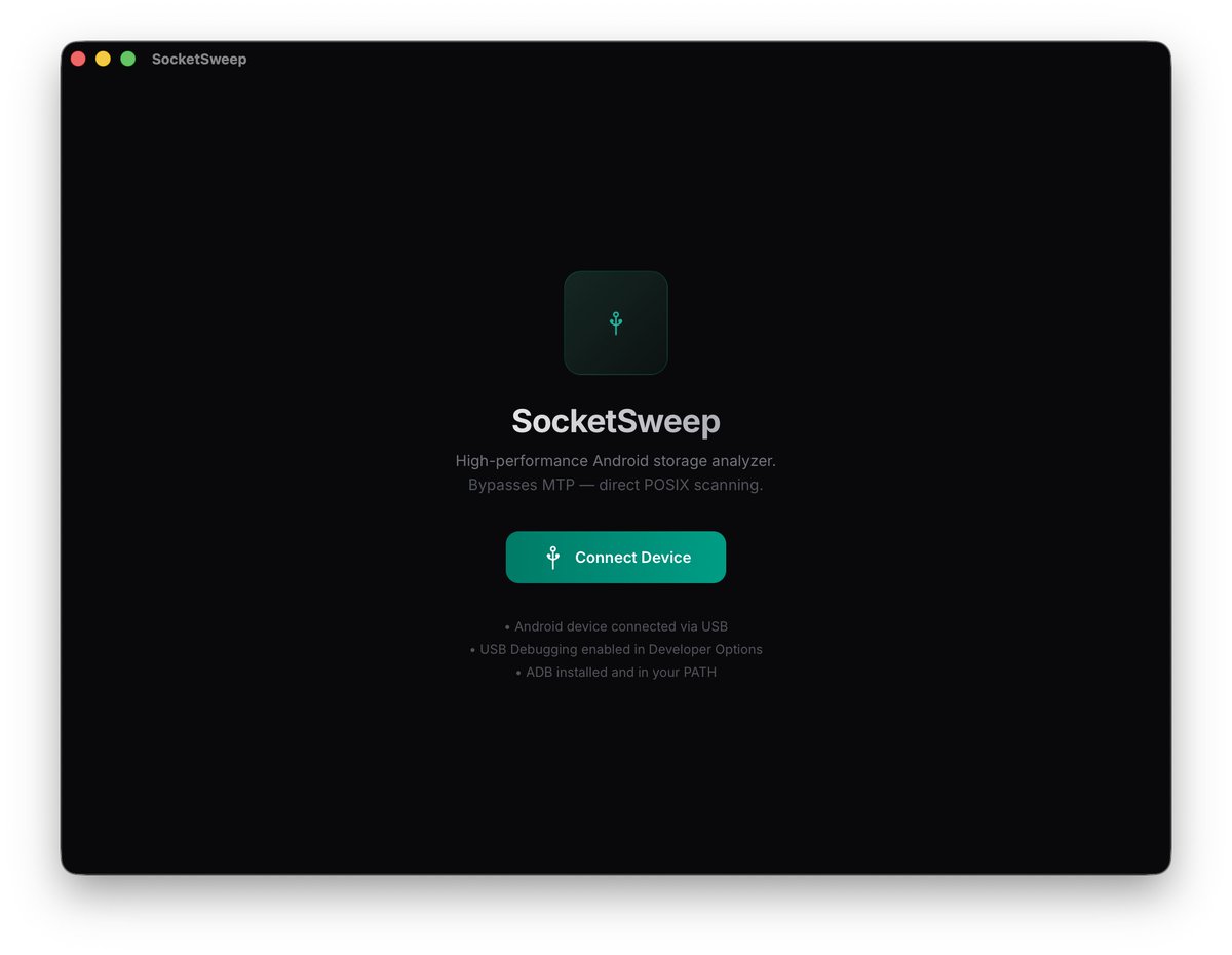 mathcuber21's tweet photo. I got tired of Android MTP hanging on my Mac, so I bypassed it entirely. 

Built SocketSweep: a C++17 daemon pushed to your phone via ADB that streams POSIX filesystem walks over a TCP socket to a Rust desktop app.

Indexes 100GB+ in seconds. 🚀

🧵👇 https://t.co/YETC8VqZX4