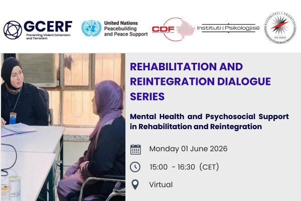 theGCERF's tweet photo. 📢 Join the Dialogue on 01 June 2026: Mental health and psychosocial support in rehabilitation and reintegration (R&R)

Mental health is at the heart of rehabilitation and reintegration (R&R) work. GCERF, together with the @UNPeacebuilding  and @instituti_P  at the @Rektorati , is bringing together practitioners and experts from Iraq, Kenya, Kosovo, Kyrgyzstan, and Mali for the second dialogue in our R&R series to unpack the vital role of mental health and pyschosocial support in R&R. 

Join us to hear and truly understand what healing, dignity, and real support look like in practice. 

📅 01 June 2026
🕒 15:00 - 16:30 (CET)

Interpretation will be available.

https://t.co/75C3L0zilv

@CDFKosovo @AusAmbCT @CanadaFP @CanadaDev
@DanishMFA @eu_eeas @Ulkoministerio
@francediplo @GermanyDiplo @ItalyMFA
@MFAKOSOVO @MFA_Lu @DutchMFA 
@MFATNZ  @NorwayMFA  @Portugal_MoFA
@MofaQatar_EN  @SpainMFA @SweMFA
@SwissMFA @FCDOGovUK @StateDept
@stefanomanservi @GCERF_ED