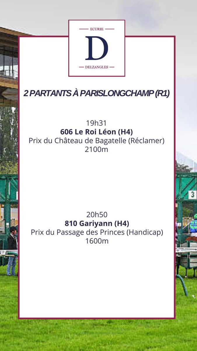 DelzanglesMikel's tweet photo. Aujourd’hui à @paris_longchamp (R1)

🐎 Le Roi Léon (C. Lambert)

« Il a une bonne chance s'il répète sa dernière performance. »

🐎 Gariyann (C. Troprès)

« Ses performances précédentes sont décevantes mais il vaut mieux que ça. » https://t.co/9cZrT4gytj