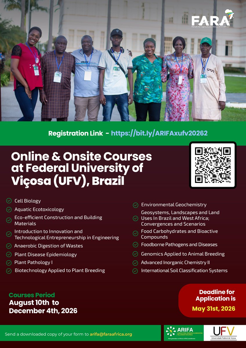 FARAinfo's tweet photo. Apply NOW!
#FARA through the #ARIFA initiative, in partnership with @ufvbr, invites applications for specialized courses designed to strengthen research, innovation, & technical capacity in agriculture & related sciences.
⏰ Deadline: May 31, 2026
🔗 https://t.co/ceGq8tS1jD https://t.co/EIAdP6qDM3