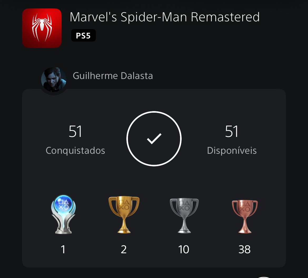 dalasta_'s tweet photo. Platina Marvel’s Spider-Man Remastered https://t.co/GTi7d1Yudm
