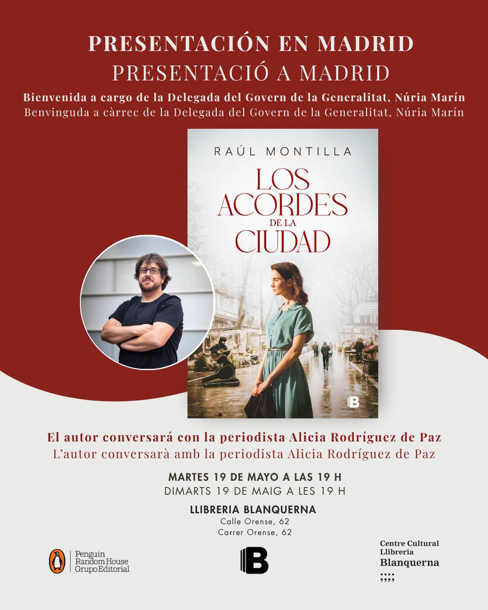 CCLBlanquerna's tweet photo. El #CCLB presenta ‘Los acordes de la ciudad’
🗓️19/05/2026
⏰19 h
🗣️ Raúl Montilla @raulmontillacor i/y Alicia Rodríguez de Paz @alicia_rdepaz
Benvinguda/Bienvenida👉🏻 La delegada del @govmadrid, Núria Marín @nuriamarinlh https://t.co/HOn13zGwBC