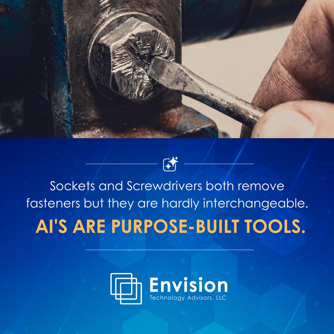envisiontech's tweet photo. Sockets and Screwdrivers both remove fasteners, but they are hardly interchangeable. AI's are purpose-built tools. Learn how to use the right tool for the right job on June 5th. Register today at https://t.co/CZNLf7NCbb https://t.co/JULgi4uyv2