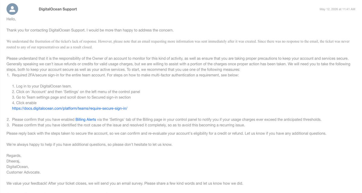 jamesmax100's tweet photo. @digitalocean  Your support is a disgrace. You closed our ticket again with an "irrelevant" automated response after we called you out. Look how irrelevant your response is! My VM was IDLE and suddenly you claim it’s part of a 49-VM attack? https://t.co/DlhWCPty7p