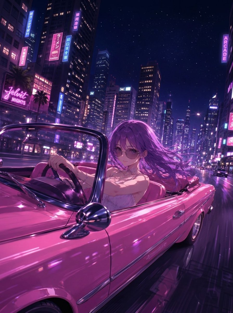 Midnight Drive in Neon City ピンクのオープンカーで駆け抜ける