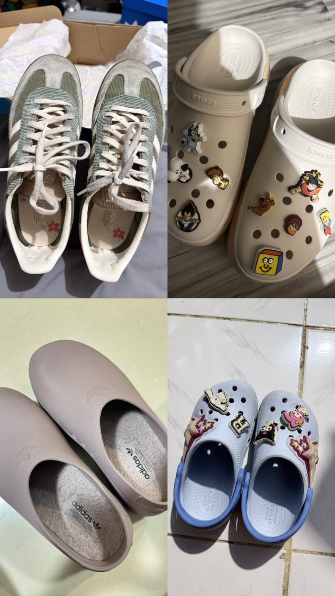 rfthrift06's tweet photo. 1. adidas spezial (size 39 1/3): 1.200.000 
2. crocs (size 42.5): 700.000
3. sendal adidas (size 38): 700.000
4. crocs kids (C 9): 300.000
5. Skechers (size 42): 350.000
6. Adidas Tan Smith (size 42): 600.000
7. Nike Dunk (size 42): 700.000 https://t.co/mb08foc50W