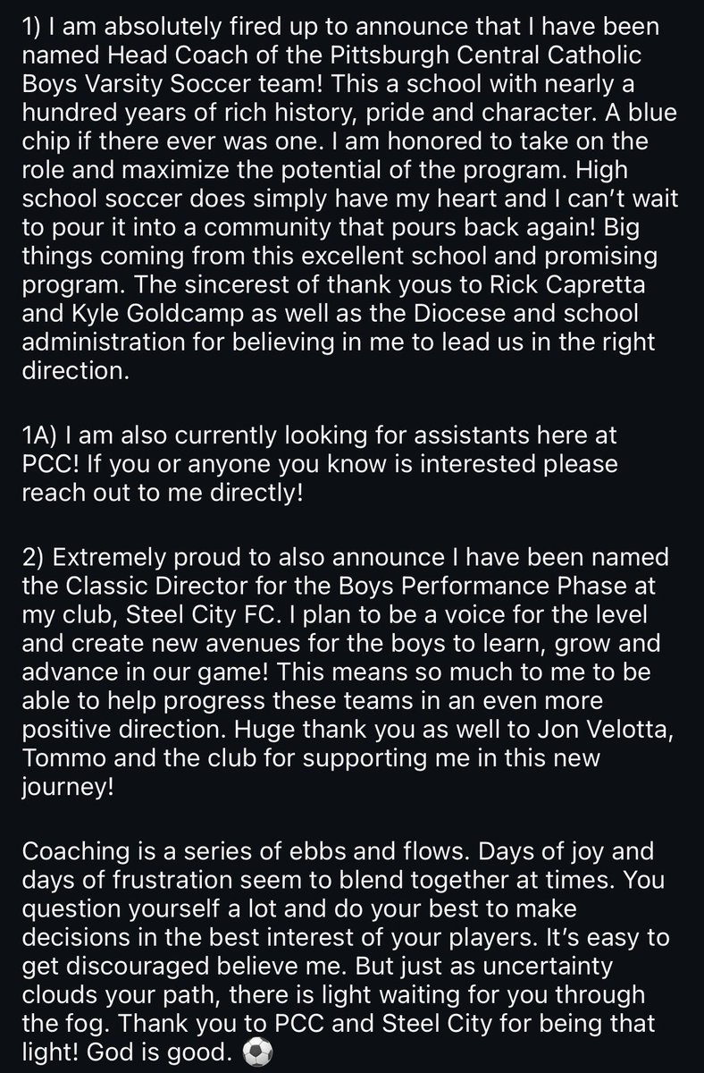 CoachFiore_'s tweet photo. Big news in my career! Excited to take on the Head Coach role at Pittsburgh Central Catholic, as well as a Director of Classic level role at Steel City FC! Blessed to say the least! https://t.co/KXDhD09dvJ