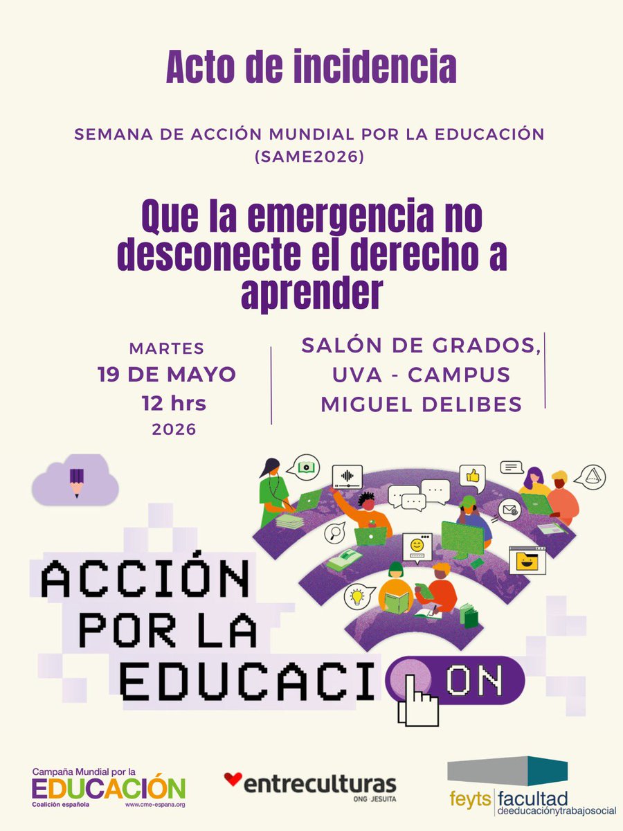 EntreculturasVa's tweet photo. La semana que viene, jóvenes universitarias tomarán la palabra en defensa del derecho a la educación para presentar el trabajo realizado en 4 titulaciones de la Universidad, con motivo de la Semana de Acción Mundial por la Educación (SAME), https://t.co/JzENnGoQQz