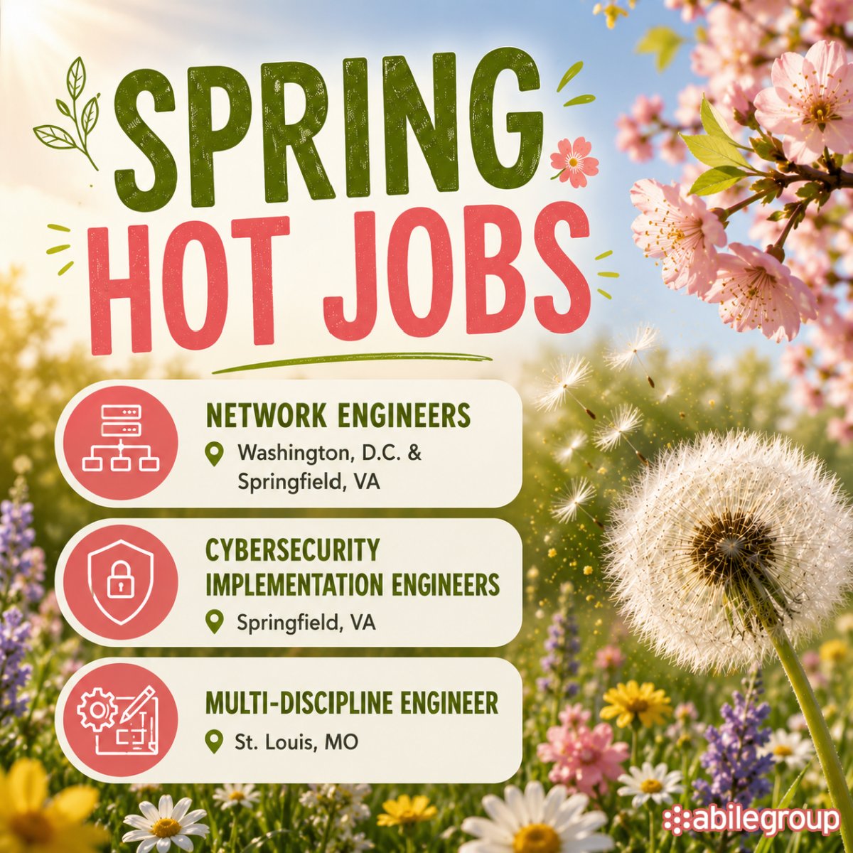 AbileGroup's tweet photo. Pollen count is high… and so are our hot jobs!
We’re hiring:
• Network Engineers (DC &amp; Springfield, VA)
• Cybersecurity Implementation Engineer (Springfield, VA)
• Multi-Discipline Engineer (St. Louis, MO)
Apply today: https://t.co/sUkWy49xiM #HotJobs #AbileCareers https://t.co/HdxxmJ3ULA