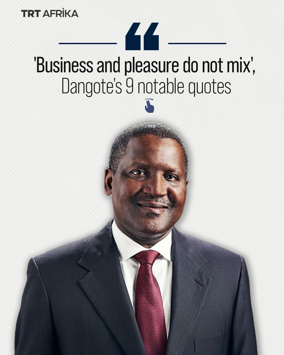 trtafrika's tweet photo. Nigerian billionaire Aliko Dangote, who is Africa's wealthiest person, attributes his success in business to discipline, hard work, strategy, and leveraging intelligent employees' capabilities to drive growth and innovation. The 69-year-old entrepreneur in cement, fertiliser, sugar, and oil spoke with Nicolai Tangen, the CEO of Norges Bank Investment Management, in a wide-ranging interview published on YouTube on May 13, 2026. Here are some of Dangote's memorable quotes