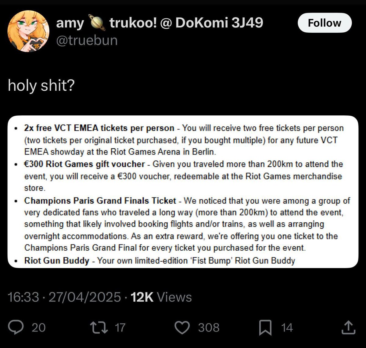 CasTag8596's tweet photo. @mournxa @xeleptic @snowconedeitee Hmm, Well I don't know about riot but this simillar company had an incident where they gave vouchers to those who traveled long distances ONLY. This company must be completely separate from riot tho for sure https://t.co/WmbL1Fi7t9