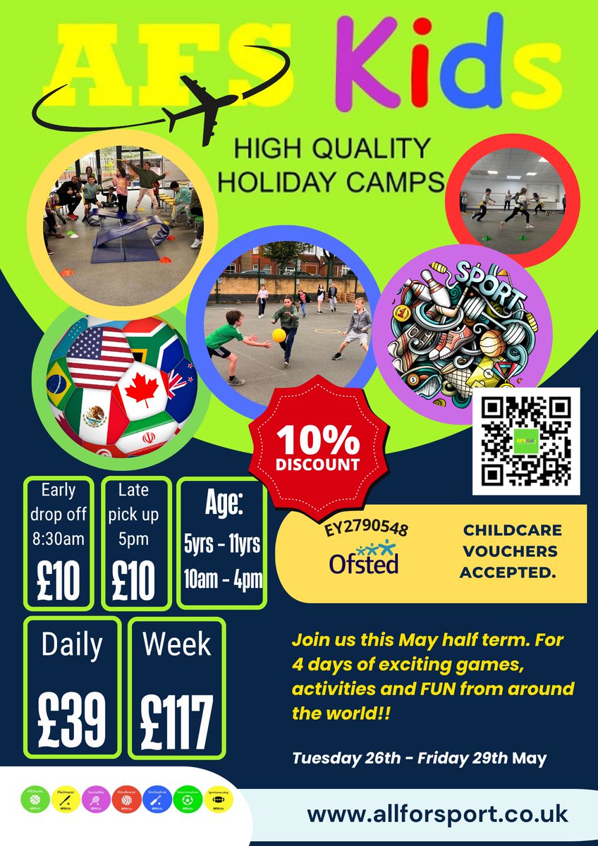 AFSCamps's tweet photo. 12 Days Until @AFSCamps Starts at @FouldsSchool! Around the World Camp for Different Activities in May Half Term! BOOK TODAY! 🌍🏅🤸‍♂️🎨⚽️ https://t.co/tcZ71FRP2e