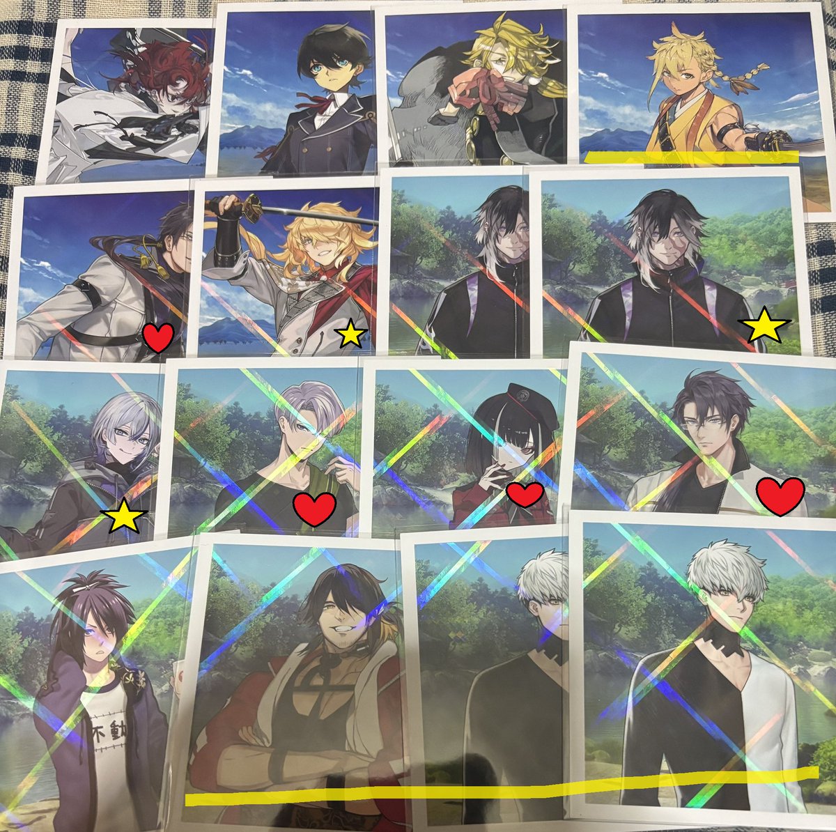 mitatu1952's tweet photo. 【交換】 刀剣乱舞　ましコレ　ホロ　軽装　戦闘　内番

譲：画像1～３（全てホロ）

求：画像４枚目

郵送(仕事の都合でポスト投函、窓口からは名前横の日付)
優先度低いのでホロのみの交換は不可 https://t.co/SCDGVYnJx8