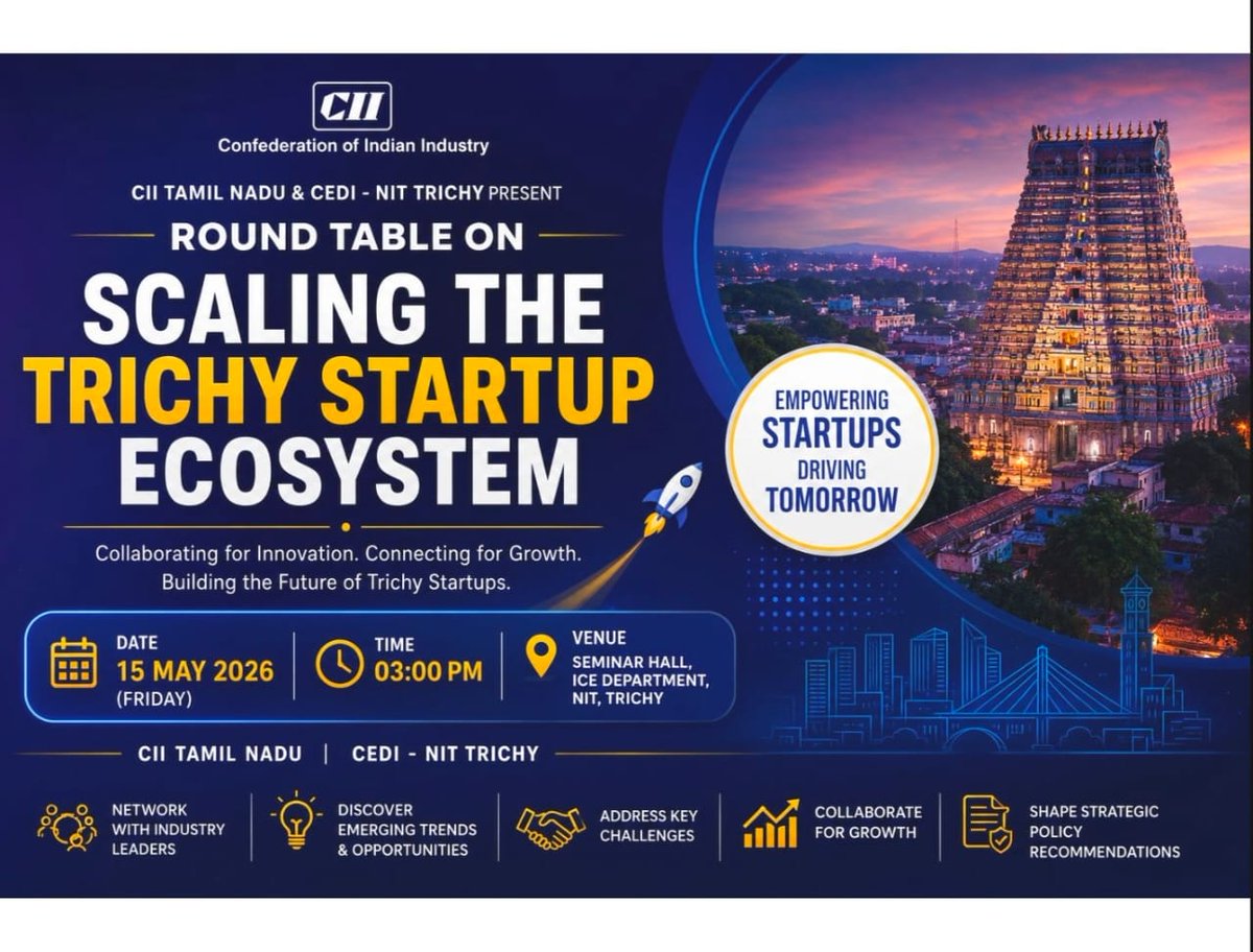 TrichyTreasures's tweet photo. Round table on Scaling the Trichy Startup Ecosystem by CII Tamilnadu, CEDI and NIT Trichy tommorow at NIT Trichy. #Trichy

@Guidance_TN @FollowCII  @IndianTechGuide @TNITDepartment @nasscom @TnInvestment @FollowCII @CushWake @KnightFrank_IN @CBRE @Deloitte @JLL @nasscomCoEIoT @CimGOI @Indianinfoguide @IndiaInfraHub @wef @thehindubiz @EconomicTimes @investindia @makeinindia @updates_tn @FinancialTimes @FinancialXpress