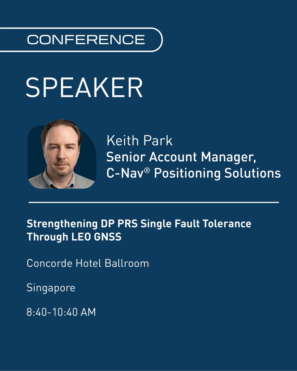 Oceaneering's tweet photo. Attending DP Asia 2026 next week? 🇸🇬
Keith Park of C‑Nav® Positioning Solutions will discuss “Strengthening DP PRS Single Fault Tolerance Through LEO GNSS.”
How would pole‑to‑pole GNSS positioning change your DP operations? 
https://t.co/jFdgn3xT9s

#DynamicPositioning https://t.co/CHGXEtKcLd