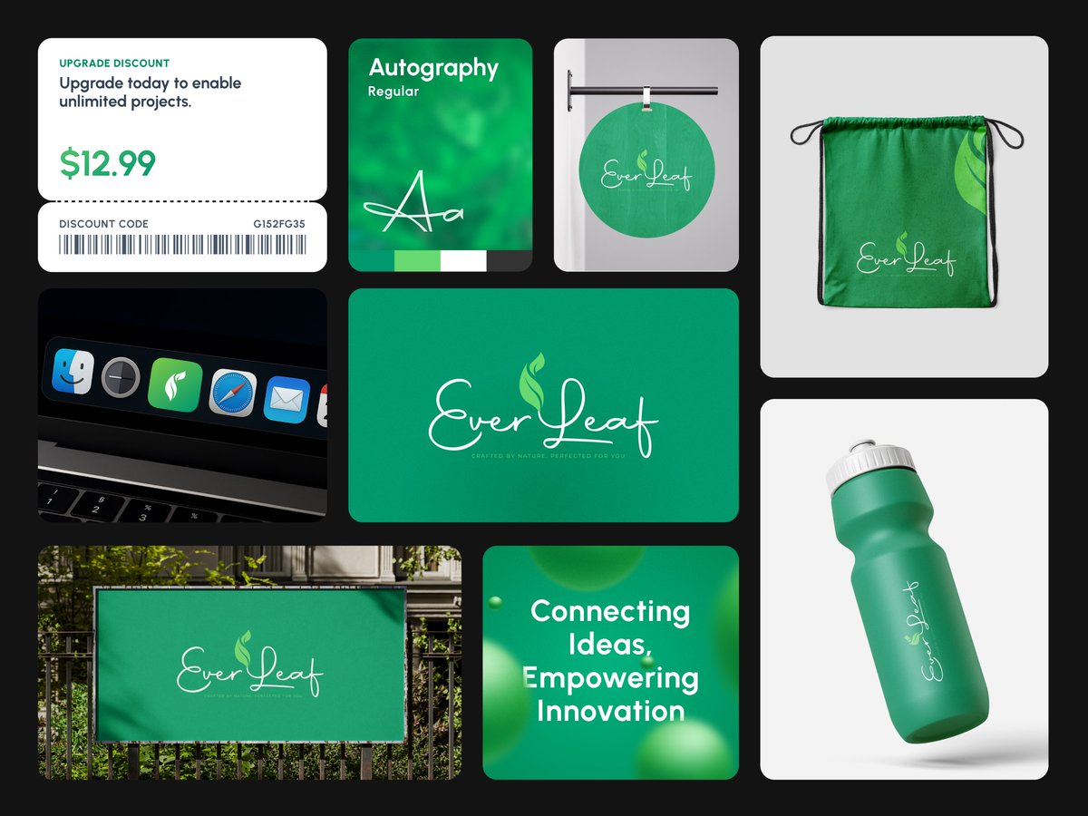 BDF_Creations1's tweet photo. Ever Leaf  script logo, green palette, full brand system. 🌿 Signage · Packaging · App Icon · Mockups  all done. Open for branding work. 📩 https://t.co/7YTlOj8bmh