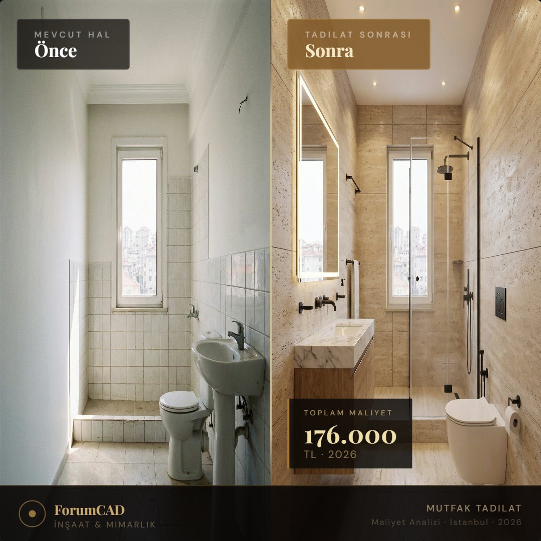 Forumcad's tweet photo. Banyo Tadilatı Ne Kadar Tutar?
Gerçek Rakamlar ve Analizler ile,

Kalem kalem:
🔨 Kırım & Söküm → 20.000 TL
🔧 Tesisat Güncelleme → 18.000 TL
🪨 Travertin Kaplaması → 34.000 TL
🏁 Travertin Zemin → 14.000 TL
🚿 Walk-in Cam Kabin & Rain Shower → 20.000 TL
🪞 Floating Dolap & Mermer Tezgah → 22.000 TL
💡 LED Ayna & Spot Aydınlatma → 18.000 TL
🖤 Siyah Mat Armatür Seti → 14.000 TL
🚽 Asma Klozet & Gömme Sifon → 16.000 TL

TOPLAM: 176.000 TL · 35 gün

Not: Fiyatlar Uygulama Müteahhit Karlı Fiyatlardır.

#BanyoTadilat #TadilatMaliyeti #ForumCAD #İçMimarlık #GerçekRakamlar

Sürecin detaylı açıklaması asagıdaki linkten okuyabilirsiniz.
https://t.co/HcQy4TYEcf