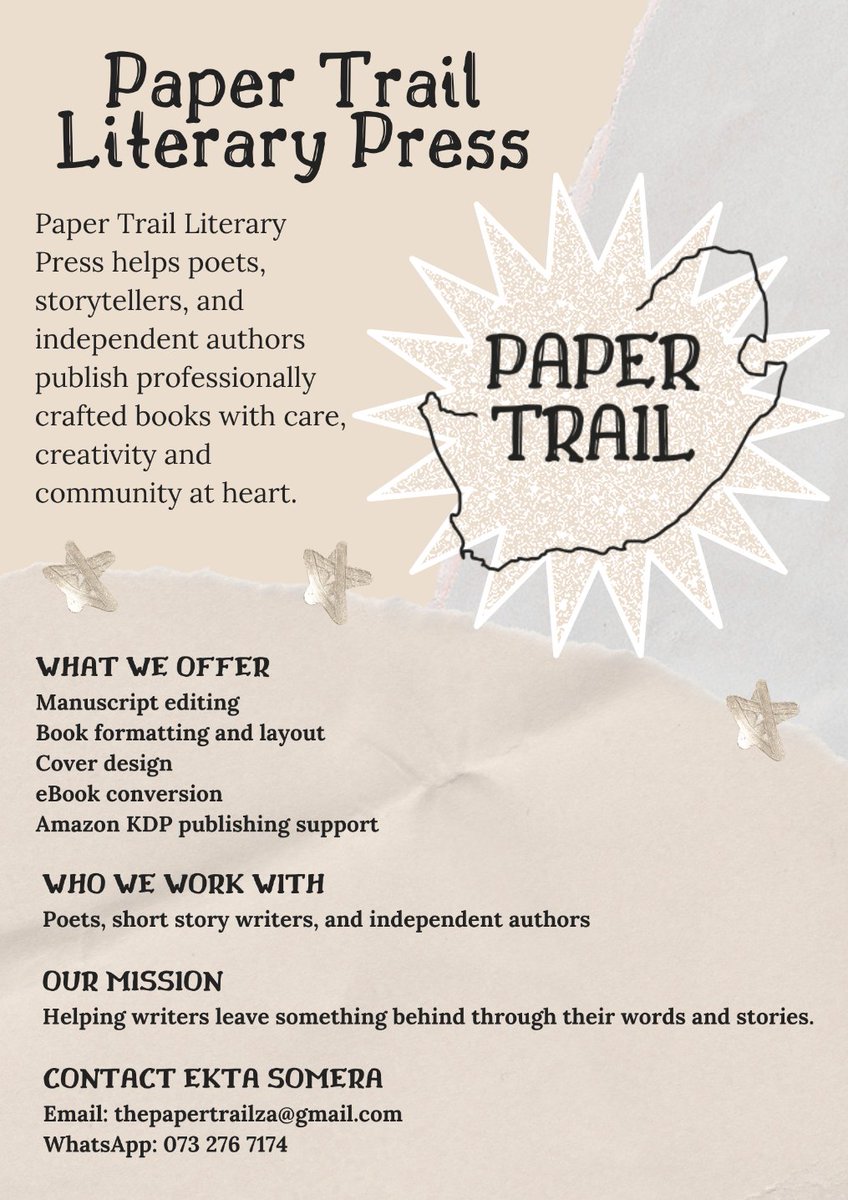PaperTrailZA's tweet photo. Paper Trail Literary Journal is expanding into Paper Trail Literary Press. What started as a space for poetry, short stories, and creative expression is now growing into something more. A new chapter begins, and every story leaves behind a Trail. https://t.co/yS3KauJIXO
