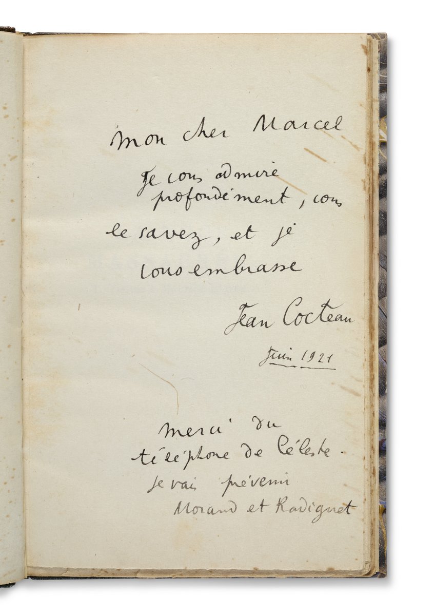 loxaruzi's tweet photo. Jean Cocteau, La noce massacrée, 1921.
L'exemplaire de Marcel Proust, avec envoi autographe signé de #Cocteau mentionnant Céleste, #Morand et #Radiguet, dédicataire de l'ouvrage :
'Mon cher Marcel,
Je vous admire profondément, vous le savez, et je vous embrasse
Jean Cocteau
juin 1921
merci du téléphone de Céleste
je vais prévenir Morand et Radiguet'
#litterature #lecture #livres 📚📚📚
